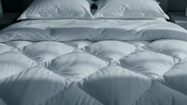 Aerial perspective slow movement over geometric folds of crisp white bedding and pillows revealing subtle shadows on the clean mattress setup relaxation, overhead, linen