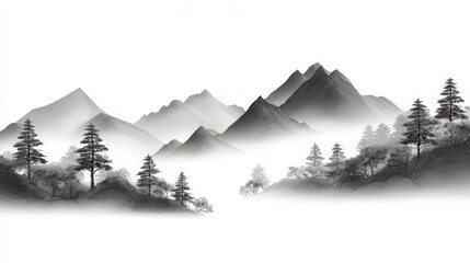 Traditional japanese black and white misty mountain landscape with pine trees