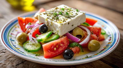 fresh greek salad with feta, olives, and vegetables in sunny lighting