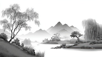 Serene black and white landscape with mountains and trees for wall art or print design