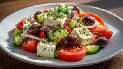fresh greek salad with feta, olives, and vegetables in sunny lighting