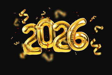 Fototapeta premium Golden balloons 2026 New Year with sparks and gold confetti hover on black background. Happy New Year 2026 card. Luxury celebration. Winter Holidays