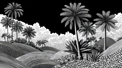 Black and white tropical landscape art with palm trees and textured patterns for home decor