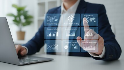 A person is interacting with a futuristic digital interface, showcasing business analytics and target market data, highlighting the innovation and progress in a modern business landscape.