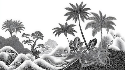 Black and white tropical landscape with palm trees in traditional art style for wall art and decor