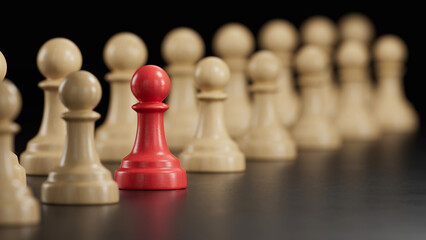 Red Pawn��s Solo Stance Among Beige Chess Pieces: Symbolizing Individuality on Vibrant black Background