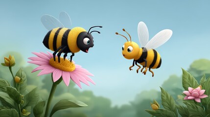Cartoon bumblebee and bee dispute on flower whimsical insect garden scene for childrens illustration
