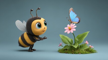 Charming cartoon bumblebee flirting with adorable butterfly on flower for children's room decor and nursery art
