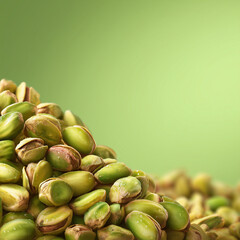 Heap of Fresh Pistachios on Green Gradient Background with Copy Space