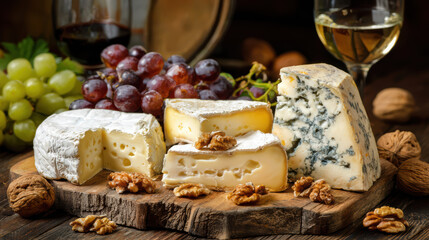 assorted french cheeses with grapes and walnuts on rustic board