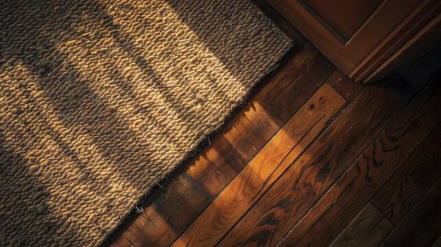 Video A detailed view of a rug on a wooden floor, perfect for interior design or decorative purposes