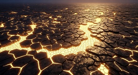 Cracked earth with glowing lava underneath, a desolate and fiery landscape