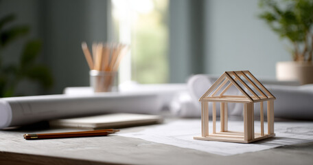 Architectural model of a wooden house frame on blueprint with pencils and rolled plans in modern workspace