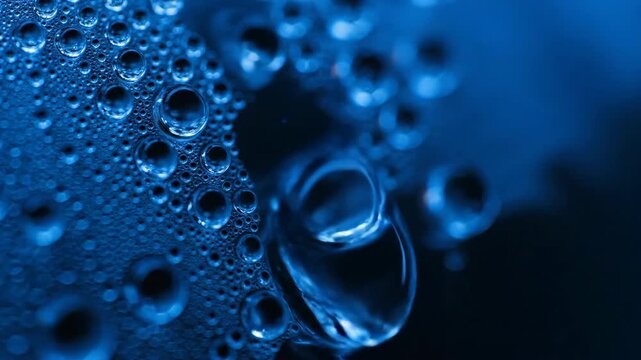 Macro image of water bubbles on a surface in blue light background
