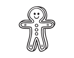 Gingerbread man line art clipart, smiling festive cookie character, single element, hand drawn.