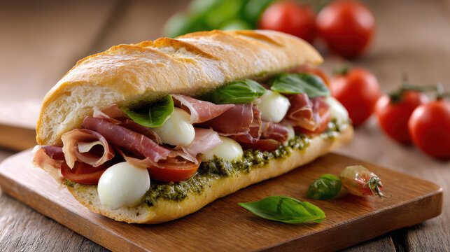gourmet prosciutto mozzarella sandwich with pesto on ciabatta bread