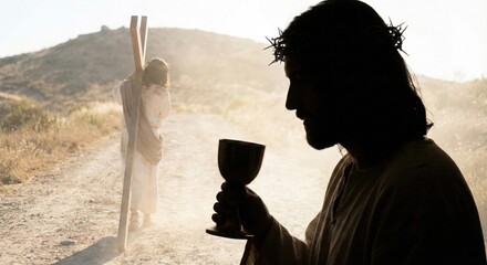 Jesus Christ, crowned with thorns and holding a chalice, is depicted carrying the cross along the Passion Road to Calvary. A mystical Christian photo of Good Friday, with an Easter backdrop.