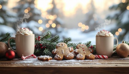 Cozy Holiday Scene with Warm Mugs of Hot Cocoa and Festive Gingerbread Cookies on a Wooden Table