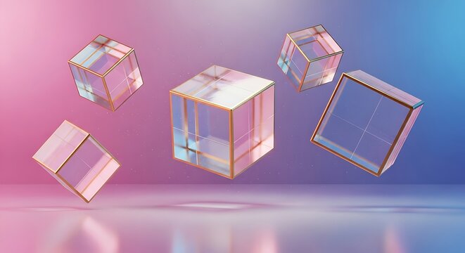 Five transparent glass cubes with golden edges floating in a surreal pink and blue gradient light, creating a futuristic and abstract composition - Powered by Adobe