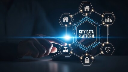 City data platform concept with lock icons and central server node