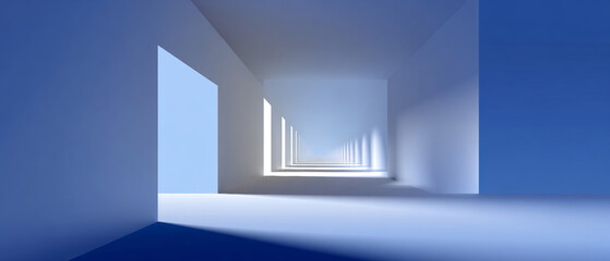 Fototapeta premium Minimalist architectural corridor with repeating rectangular openings and soft natural light creating geometric shadows and depth in a modern abstract space