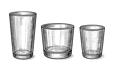 Set of hand drawn drinking glasses in vintage style