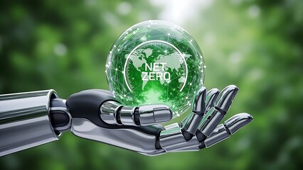 A futuristic robotic hand cradles a glowing green orb with circuit patterns in a serene natural setting with blurred foliage background