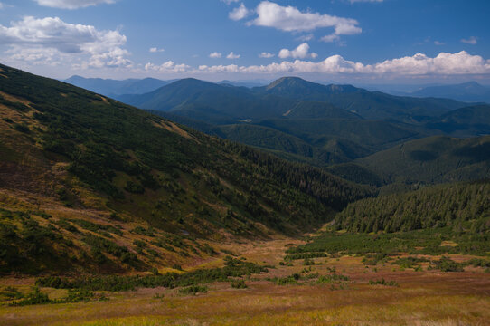 View of a lush valley floor ascending to meet the dense, verdant forests and distant peaks under a bright, cloud-dappled sky, Latiborska hola, Banska Bystrica Region, Slovakia.