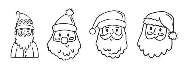 Santa Claus heads line art clipart set with cute faces, monochrome holiday collection, hand drawn.