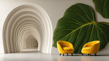 Modern interior with yellow armchairs, giant tropical leaf wall art and organic arched architecture