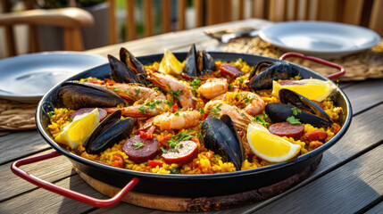 spanish paella with seafood and chorizo in outdoor setting
