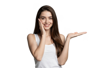 Young woman smiling and gesturing with open palm.