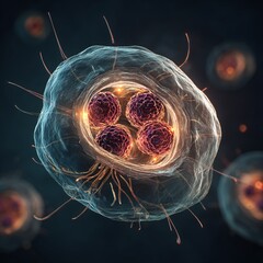 Highly detailed 3D illustration of a cell infected by an unknown pathogen, showing abnormal cellular structures, glowing mutations, and invasive particles inside the membrane, showing emerging disease