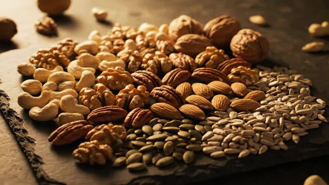 Assortment of nuts and seeds on a dark surface, healthy snack