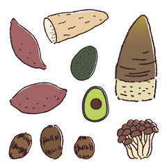芋類、きのこ、アボガド、たけのこの手描き野菜
