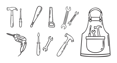 Set of construction tools drill hammer wrench screwdriver saw and apron, hand drawn doodle line art monochrome hand drawn