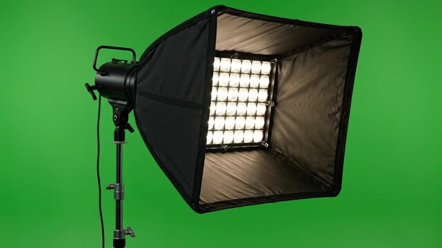 Ultra realistic LED softbox studio light with illuminated panel and black housing standing against a vibrant green background perfect for photography and film visuals