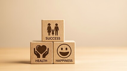 Wooden blocks representing success health and happiness in a symbolic display