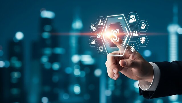 A futuristic businessman interacting with a holographic interface in a cityscape at night with technology and innovation themes - Powered by Adobe