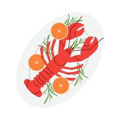 Red lobster served on a plate, accompanied by orange slices and sprigs of fresh herbs. Vector illustration 