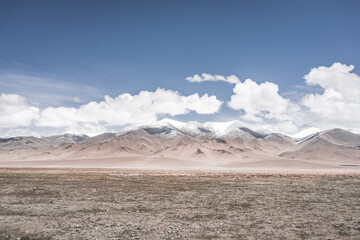 Landscape in the Pamir Mountains of Tajikistan with snow, glaciers, and cliffs, a panorama of mountains in cloudy weather for the background, nature in the Tien Shan highlands, landscape background