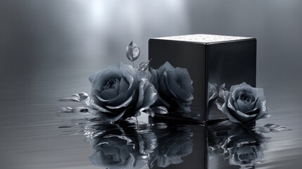 Shiny metallic cube and roses on a flowing liquid surface, abstract modern art. A surreal composition featuring a polished chrome cube surrounded by metallic roses and liquid metal waves.