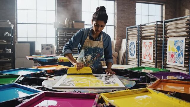Skilled Female Artist Creates Vibrant Geometric Art with a Screen Printing Carousel Press in a Sunlit Studio