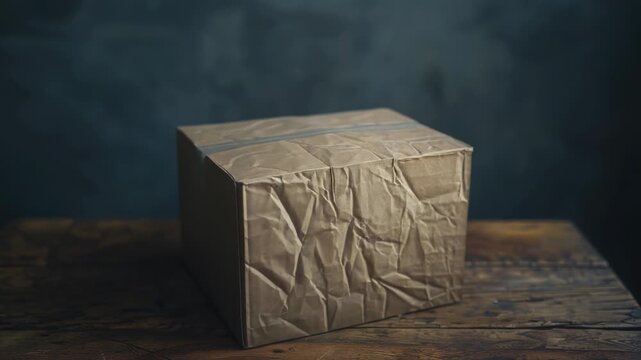 Video A simple cardboard box sits on a wooden table, great for everyday use or as a prop in a scene