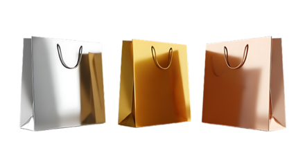 Three shiny metallic shopping bags in silver gold and rose gold isolated on background