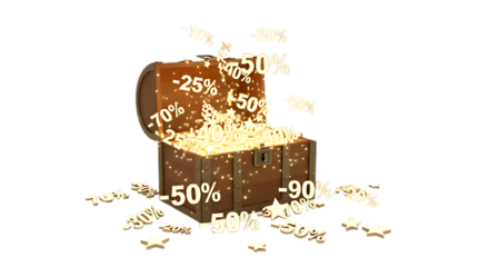 Open wooden treasure chest filled with glowing gold and flying discount percentages