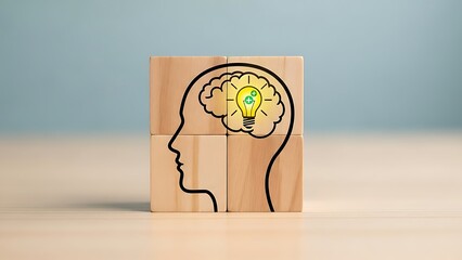 A wooden block with a drawing of a human head and brain with a green light bulb inside symbolizing ideas and creativity