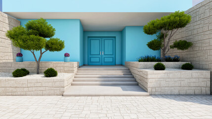 Fototapeta premium Modern entrance with blue double doors, minimal landscaping and Mediterranean style facade