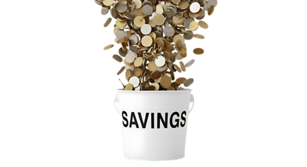 Gold and silver coins pouring into a white bucket with savings text on transparent background