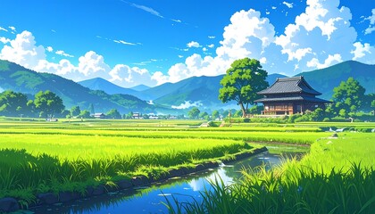Anime lofi style japanese ricefield with nature landscape